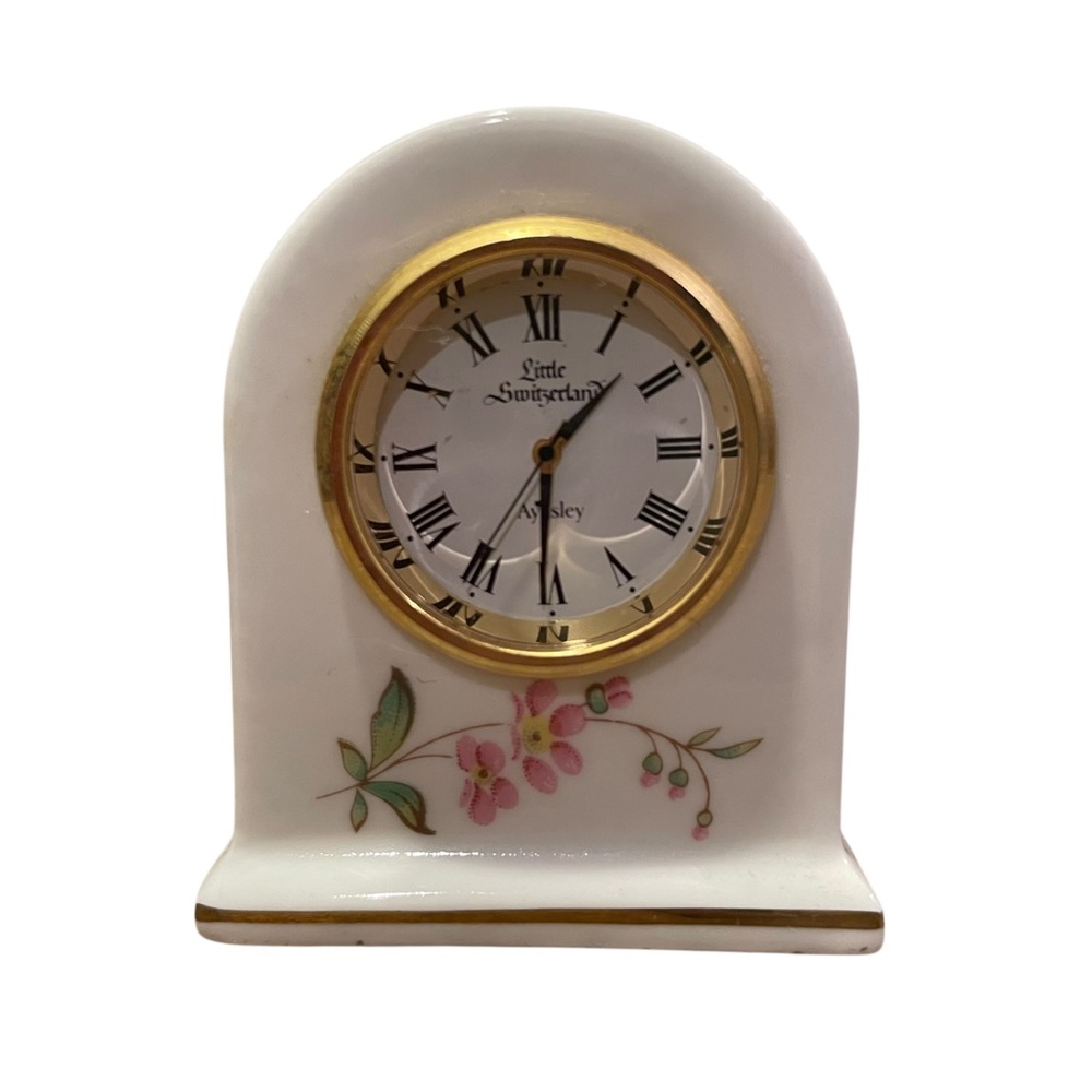 Aynsley Little Switzerland Floral Porcelain Mantel Clock White Gold Trim